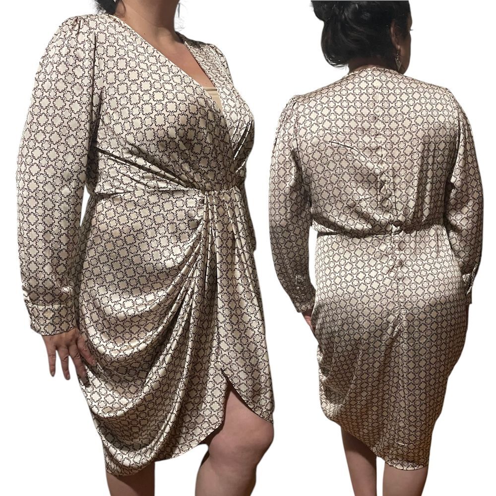 Plus Allover cream and brown Print Lantern‎ long Sleeve Wrap Hem Dress 2X satin
